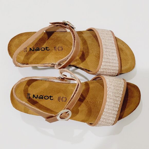 Naot Cecile Sandals Women's 39 Size 8 8.5 Latte Brown Leather Sand Raffia Wedges - Picture 8 of 12